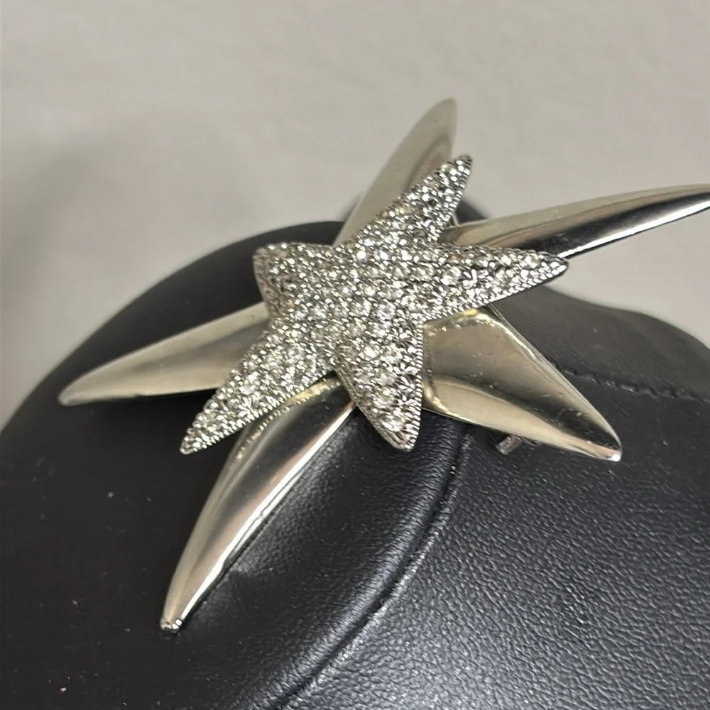Brushed Silver Double Crystal Star Brooch Statement Rhinestone